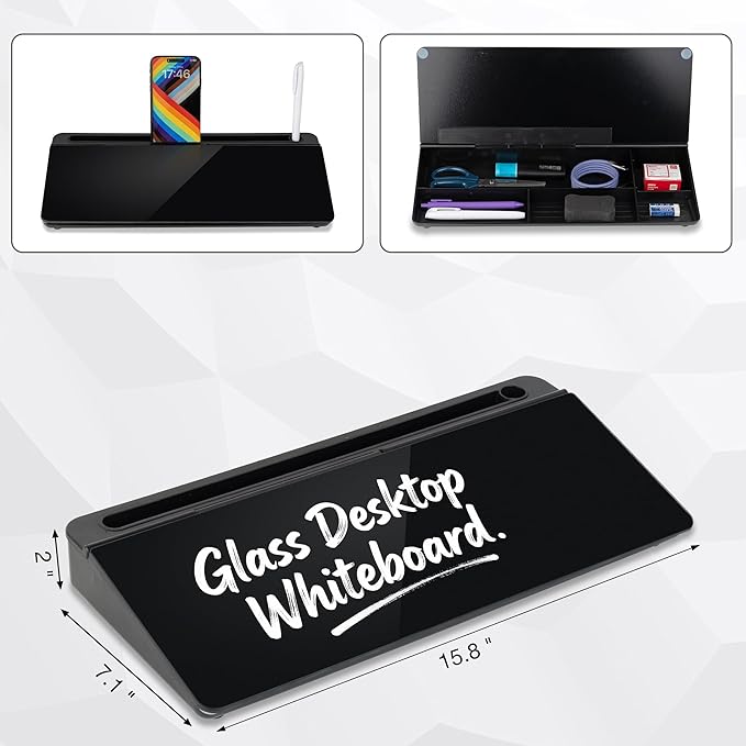 Glass Desktop Whiteboard 15.8×7”, Dry Erase Note Memo Board, Desk Organizer with Storage for Office, Home, Study, Black