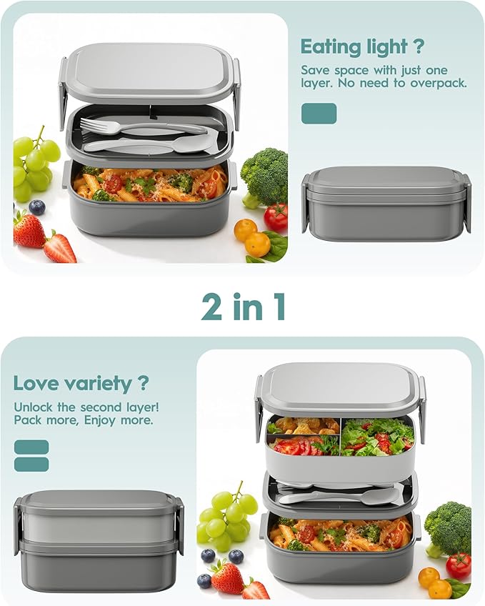 BiuLeon Bento Box Adult Lunch Box, 65 Oz Capacity Lunch Containers(Adjustable 2/3 Tier), BPA-Free, Leak-Proof and Stackable Bento Lunch Box, Microwave & Dishwasher Safe with Utensils(Gray)