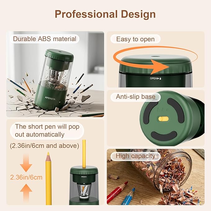 Electric Pencil Sharpener with Adjustable Tip Thickness, Auto Stop, Type-C Rechargeable, for Wooden, Colored Pencils (7–8mm), Portable Design for Home, Office & School, Green