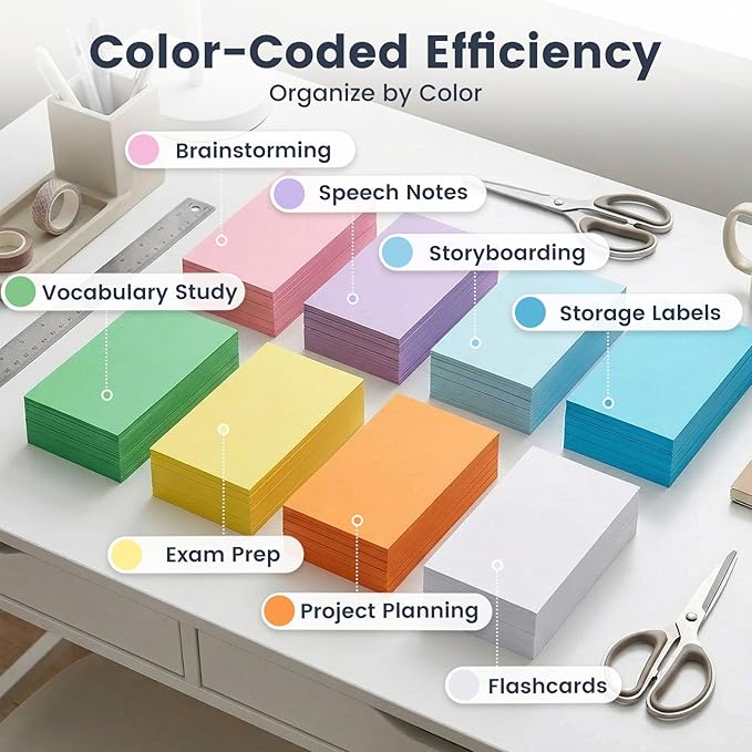 300PCS Colored Index Cards, 3x5 Inch Flash Cards Study Heavy Notecards for Studying School Office Learning Memo Scratch Pad, 8 Colors Notecards