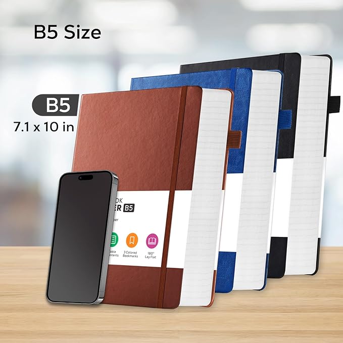 FOCUS DAY 3 Pack Leather Notebooks Journals, Bulk Lined Notebook Journals Set for Women Men Writing, 320 Pages Hardcover B5 College Ruled Notebook Journal Notepad for School Office, Black Blue Brown