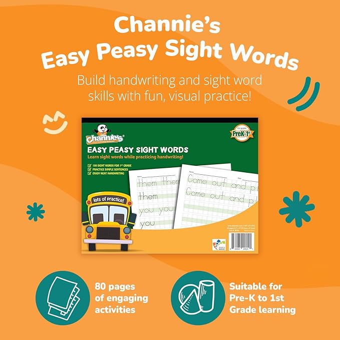 Channie’s Easy Peasy 100 Sight Words Workbook, Practice Printing, Tracing & Handwriting, 80 Pages, Pre-K - First Grade Workbooks, Size 8.5” x 11” - Homeschool Handwriting Practice for Kids