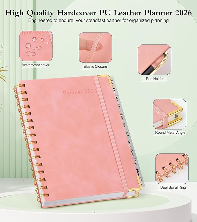 2026 Planner, Hardcover Leather Weekly and Monthly Planner, January 2026 - December 2026, Spiral Yearly Agenda Organizer Book 2026 with Tabs, Daily Calendar Planners for School Work Home, A4 (8.5" x 11"), Pink