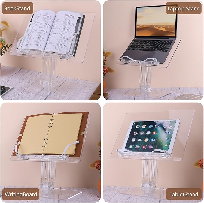 Acrylic Book Stand for Reading, Adjustable Foldable Book Holder with 180° Rotating Base & Page Clips, Portable Transparent Tablet Holder for Cookbook, Laptop, Tablet, Music Scores, Recipe, Textbook