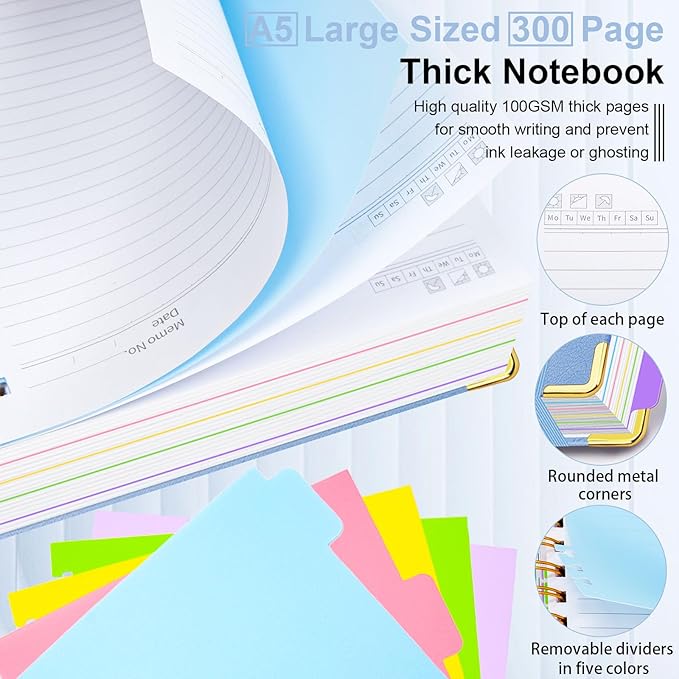 Hardcover Spiral Notebook 6.2"x 8.2" Journal Notebook with Tabs and Removable Dividers 300 Pages 5 Subject Notebook College Ruled, Faux Leather Spiral Bound Notebook for Women School Work(Lake Blue)