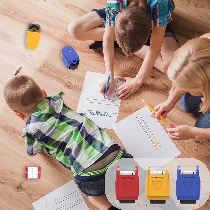 Handwriting Lines Stamp Roller Self-Inking Line Rolling Stamps Handwriting Practice Tool for Teachers Kids Kindergarten (Pink+Purple)