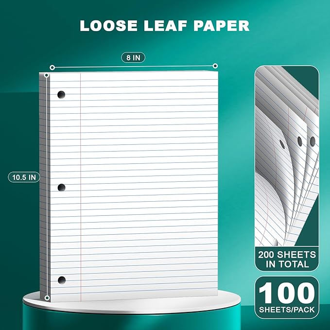 Note Pads 8 X 10.5 Loose Leaf Paper, 200 Sheets, 3 Hole Punched Lined Paper, College Ruled 8 X 10.5 Notebooks, 10-1/2" X 8 Binder Writing Pads, Filler Paper For Engineering, Office, School Supplies