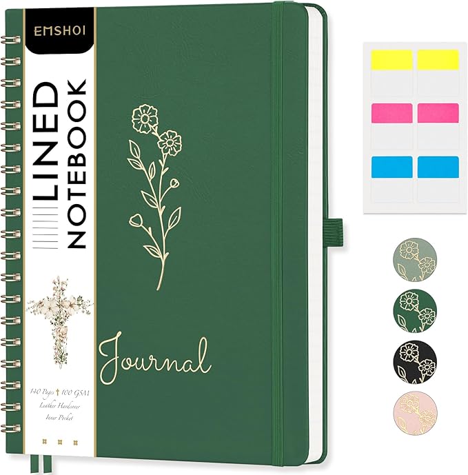 EMSHOI B5 College Ruled Spiral Notebook, Large 7.48"x10.15", 140 Numbered Pages, 100GSM Ink-Proof Faux Leather Hardcover Lay-Flat Lined Journal for Work Office School Writing, Dark Green