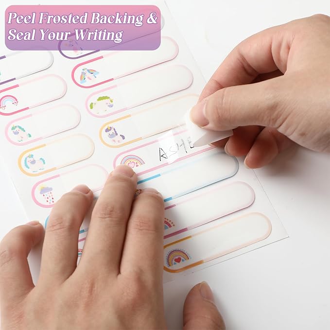 Waterproof Name Labels for Kids Daycare 320 Pcs, Pink Unicorn Style | Self Adhesive Baby Water Bottle Stickers for School Supplies, Self Laminating, School Name Stickers for Lunch Boxes