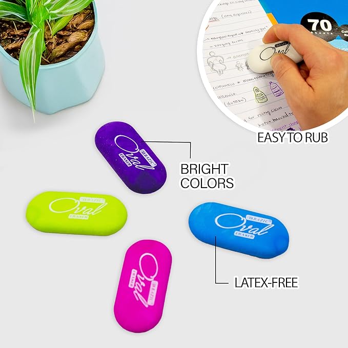BAZIC Products Erasers, Bright Color Oval Eraser (4/Pack) Latex Free, Large Size Block Erasers for Art Drawing School Office Teachers, 72-Packs