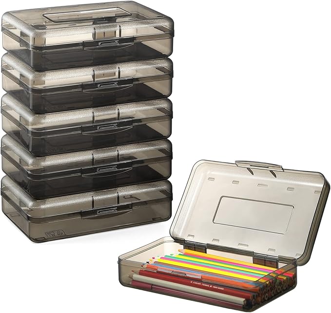 Sooez 6 Pack Pencil Box, Hard Pencil Boxes for School Supplies Bulk, Large Plastic Pencil Case with Lid, Clear Pencil Container, Stackable School Boxes Crayon Boxes Bulk for Kids