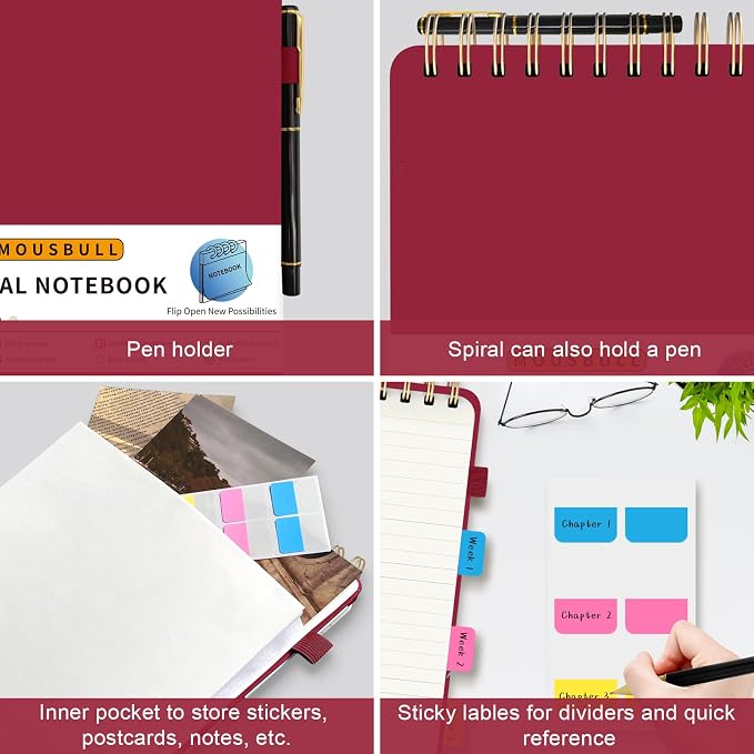 Mousbull Top Spiral Notebook, A5 Hardcover Top Bound Steno Pads, 240 Pages 100gsm College Ruled Left Handed Notebook Journal for Work, School, Meeting Writing - Red, 5.9" x 8.5"