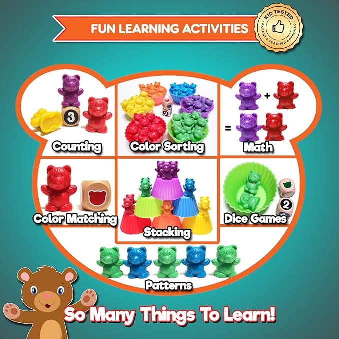 Deluxe Counting & Sorting Bears Game Set - Montessori Fine Motor Learning Jumbo Toys with Stacking Cups, 60 Preschool Math Manipulatives, 2 Toddler Games Dice, Toy Storage & Activities eBook