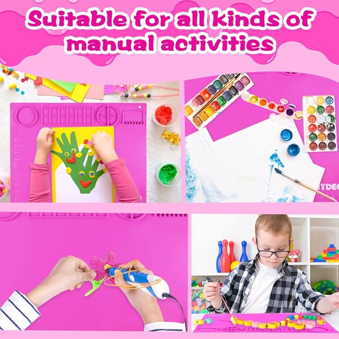DIYDEC Silicone Painting Mat for Kids 20X16 Inch Large Art Mat with Detachable Cup &10 Painting Brushes Craft Sheets for Boy Girl Birthday Gift DIY Accessories (Rose Red)