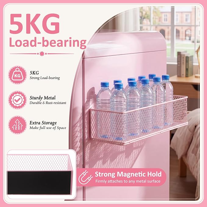 FoldTier 1 Pack Pink Magnetic Basket Fridge Organizer, Magnetic Shelf Containers Storage Bin Holder for Kitchen Dorm Locker Refrigerator Classroom Whiteboard Office Table (13.8 x 3.1 x 4.9 Inch)