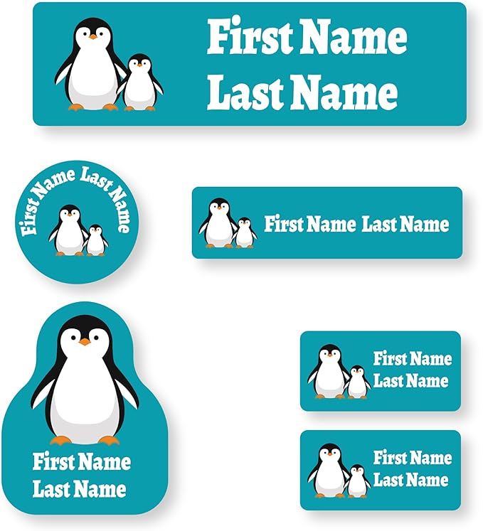 Personalized Kids Name Labels – Waterproof Custom Stickers for Daycare & School, Dishwasher & Laundry Safe (Deep Blue Penguin)