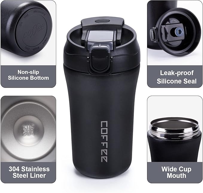 14 oz Travel Coffee Mug, 2 Pack Vacuum Insulated Coffee Travel Mug Spill Proof with Lid and Straw, Stainless Steel Reusable Coffee Tumbler for Hot and Cold Drinks, Gift for Men and Women(Black White)