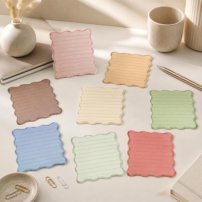 Whaline 8Pcs Stripe Scalloped Sticky Notes 4 x 6 Inch Neutral Color Striped Self Adhesive Lined Notepad Removable Memo Pad for Classroom Office Home School Party Supplies