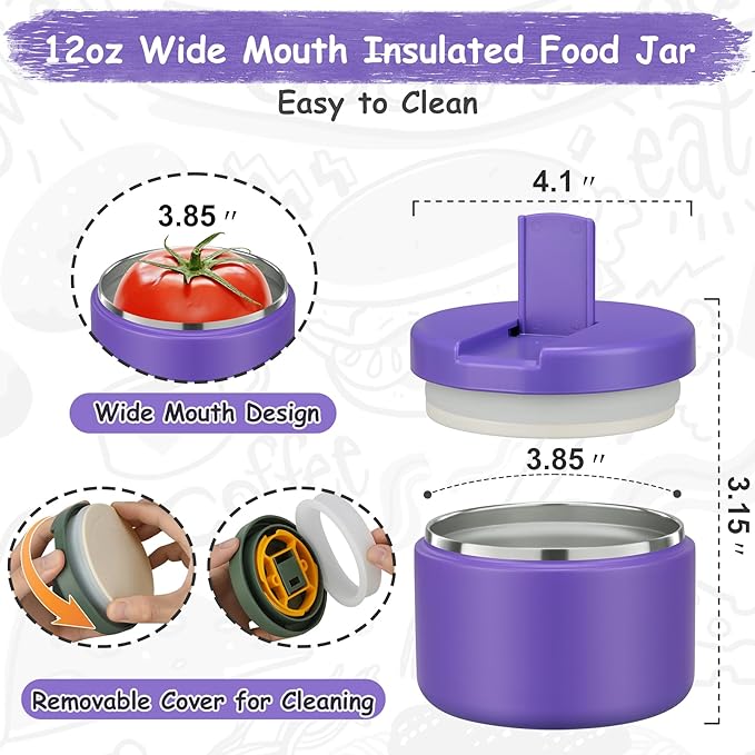 Pawtong 12oz Insulated Vacuum Food Jar with Buckle Lid Wide Mouth Soup Thermo for Hot Food Kids Leakproof Stainless Steel Lunch Container (Purple, 12OZ)