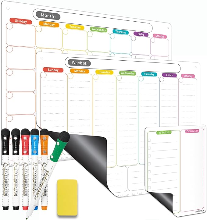 Magnetic Dry Erase Calendar Set for Fridge, Monthly Calendar and Weekly Planner Board with to Do List Notepad, Reusable Refrigerator Organizer with 6 Fine Tip Markers and Eraser