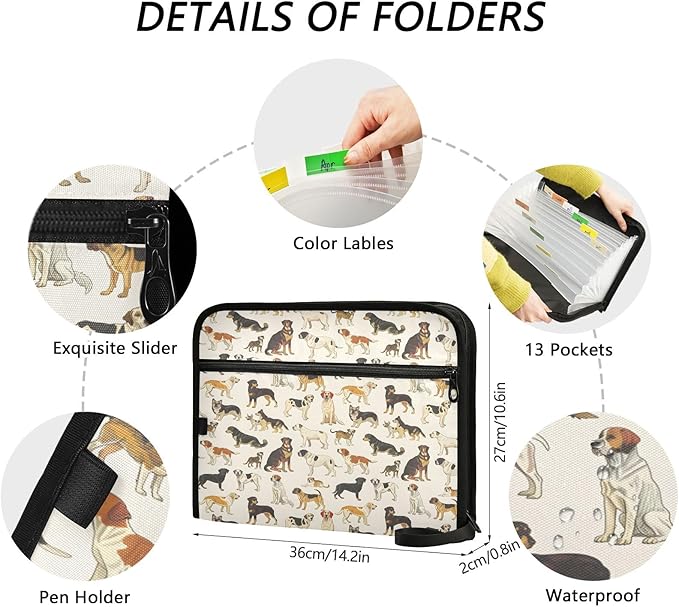 Variety Dog Pattern 13 Pocket File Organizer Expanding File Folder with Front Pouch Portable Business File Storage Document Organizer Folder with Zipper