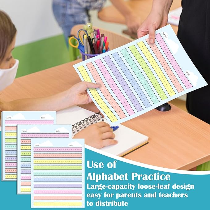 100 Sheets Multi-Color Raised Line Paper for Handwriting Practice, Wide Ruled Kindergarten Writing Paper, Double Sided, 8.5x11 inches, Educational Style