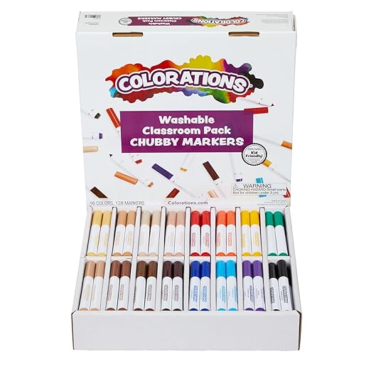Colorations Washable Classroom Value Pack Chubby Markers - Set of 128, 16 Colors Colors, Non Toxic| Bulk School Supplies For Kids, Coloring Set, Kindergarten Must Haves, Preschool Essentials