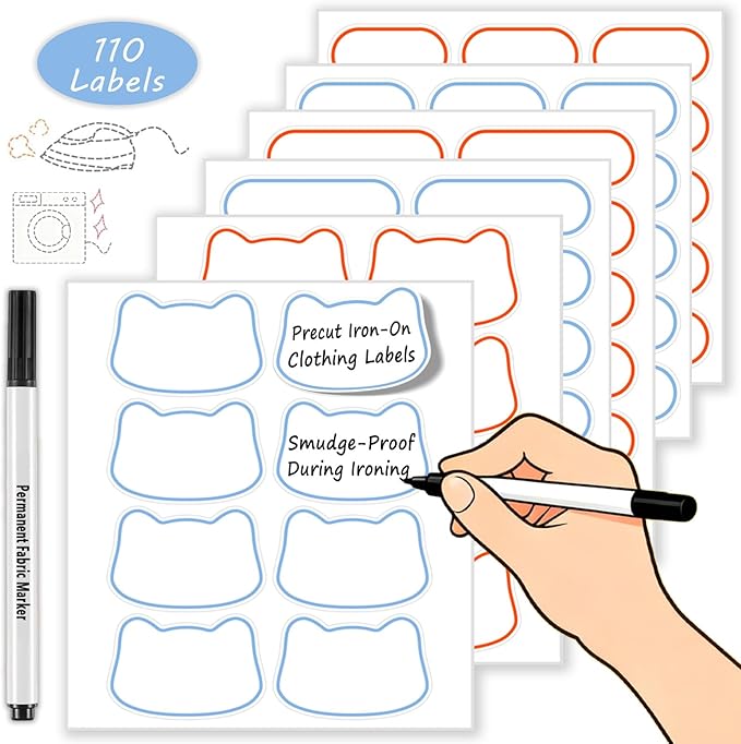 Washable Iron-On Fabric Labels(110 Pcs) with Pen | 3 Shapes & 2 Colors for Kids, Nursing Home, Daycare