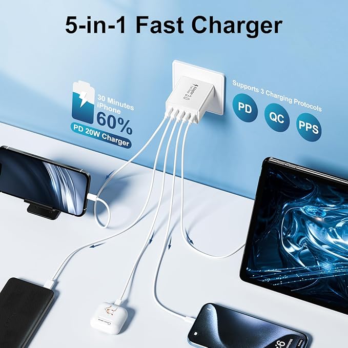 USB C Charger Block 50W 5Port Type C Fast Charging Blocks Multiport USB Wall Charger Plug Adapter Outlet Cube Box Brick Phone Accessories for iPhone 16 15 Pro Max XS, iPad, Tablet (White)