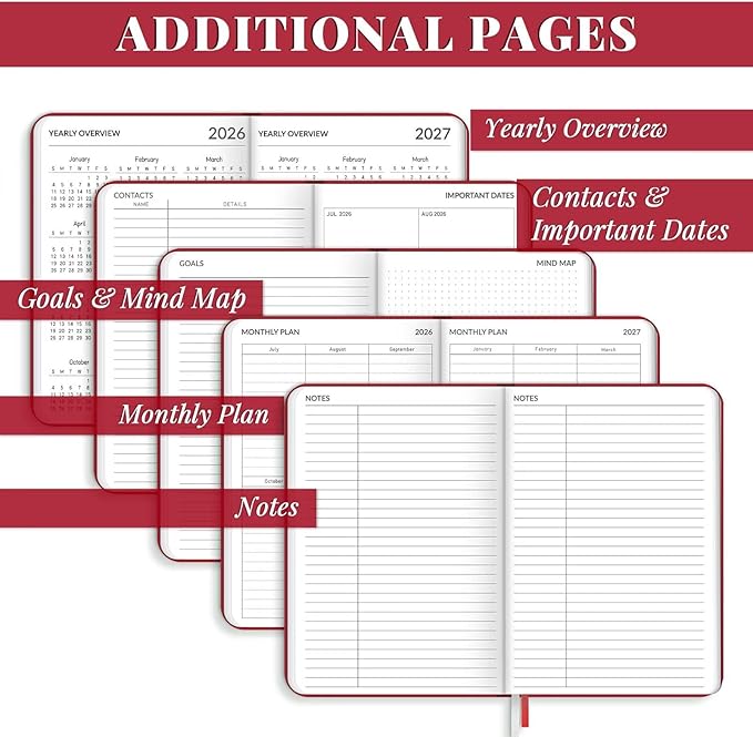 Lonely Oak Academic Planner 2026-2027, A5 Daily Weekly and Monthly Planner 5.75" x 8.4", 13 Months Faux Leather School Year Agenda from Jul.2026 to Jul.2027 for Student and Teacher (Red)