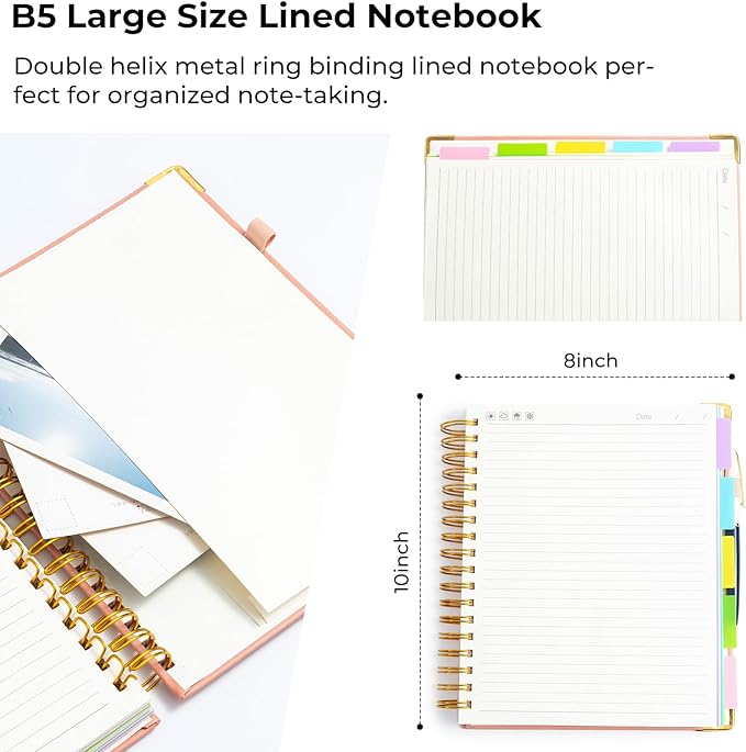 M&G Hardcover Spiral Notebook, 5 Subject Noteboook College Ruled 300 Page, Large 8"x10" B5 Notebooks for Work School, Lined Journal for Women & Men, Pink