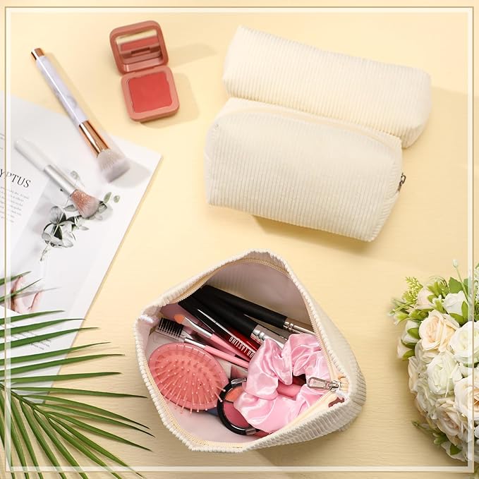 Huhumy 3 Pcs Makeup Bag Set for Women Corduroy Cosmetic Pouch Aesthetic Smile Travel Toiletry Bag Cute Purse Pouch Pencil Case Makeup Brushes Storage Organizer with Zipper(White,Solid Style)