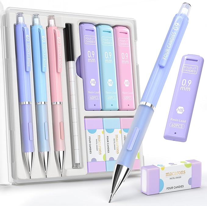 Four Candies 3PCS Cute Mechanical Pencils Set, 0.9mm with 360PCS Thick Leads, Pastel Erasers & Case, Preppy Aesthetic School Supplies for Fast Note-Taking, Bold Sketching and Art Drawing