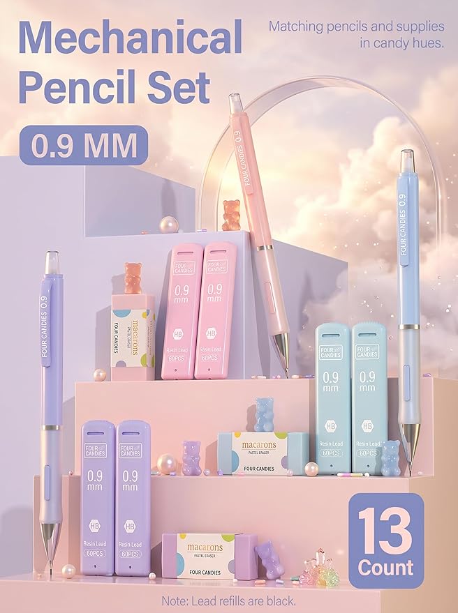 Four Candies 3PCS Cute Mechanical Pencils Set, 0.9mm with 360PCS Thick Leads, Pastel Erasers & Case, Preppy Aesthetic School Supplies for Fast Note-Taking, Bold Sketching and Art Drawing