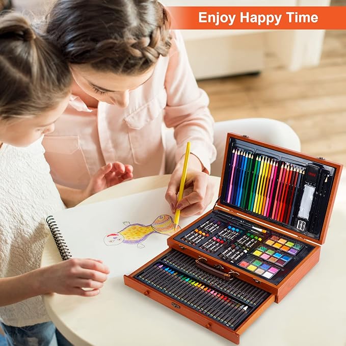 AGPTEK Art Set, 141-Piece Deluxe Art Supplies Kit with Crayons, Colored Pencils, Sketch Pencils, Paint Brushes, Sharpener, Eraser, Wooden Case & Drawing Pad