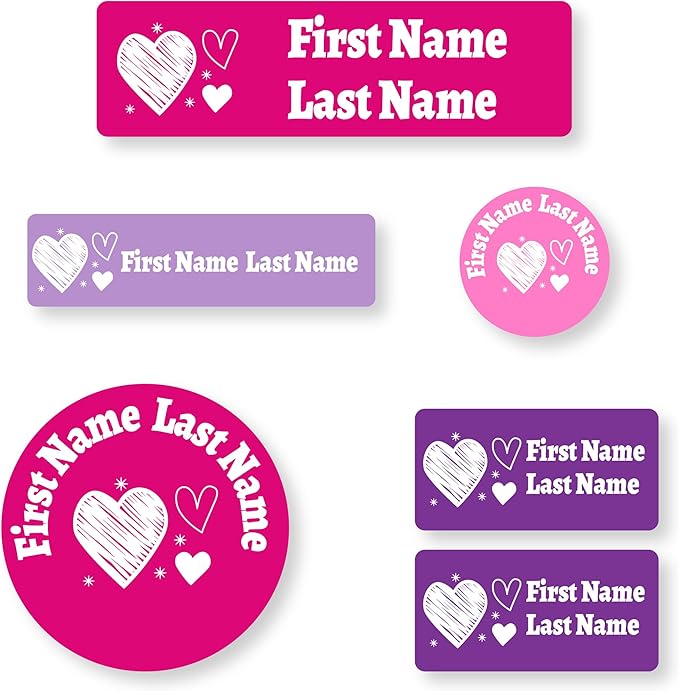 Personalized Kids Name Labels – Waterproof Custom Stickers for Daycare & School, Dishwasher & Laundry Safe (Heart-5)