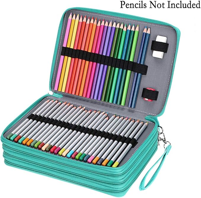 BTSKY 200 Slots Colored Pencil Organizer - Deluxe PU Leather Pencil Case Holder With Removal Handle Strap Pencil Box Large for Colored Pencils Watercolor Pencils (Green)