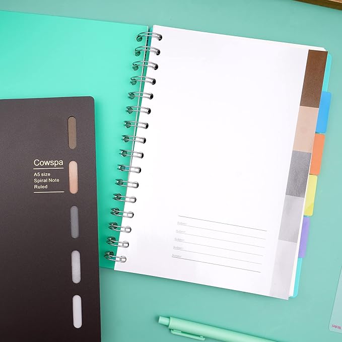 Yoment 5 Subject Spiral Notebook Spiral Bound Journal Wide Ruled 7"x 8.5" Hardcover Spiral Notebook with Dividers A5 Lined Notebook for College Students Writing Journal School Office Supplies,Teal