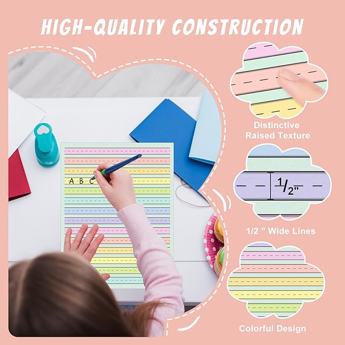Handwriting Paper 8.5”x11” Colored Primary Writing Paper for Kids with ADHD 0.5” Spacing Multi-Sensory Ruled Handwriting Tablet Dysgraphia Pad for 2nd Grade and Up (500)