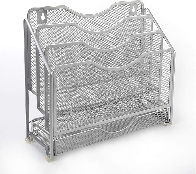 EasyPAG Mesh Desk Paper Organizer Wall Hanging File Holder with 3 Upright File Rack and Sliding Drawer,Silver