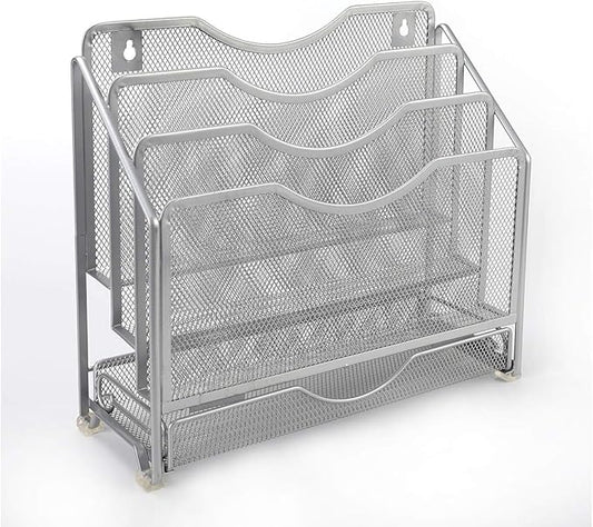 EasyPAG Mesh Desk Paper Organizer Wall Hanging File Holder with 3 Upright File Rack and Sliding Drawer,Silver