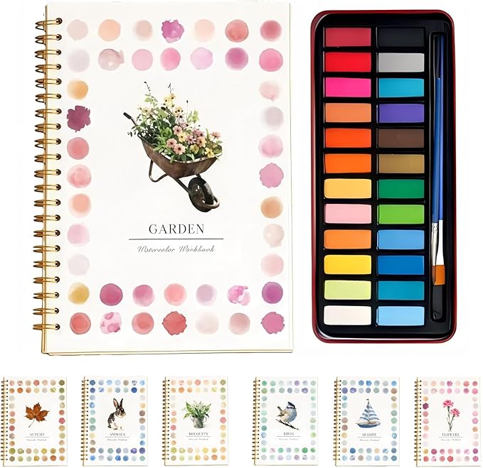 Watercolor Workbook - Coloring Book Beginner Friendly Painting Kit, Watercolor Workbooks for Adults with 24 Colors Paint, Exploration Gift for Adults Teens (Garden)