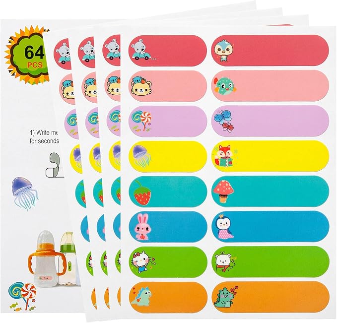Name Label Stickers for Kids Stuff School Supplies, 64 PCS Baby Bottle Labels for Daycare, Waterproof Daycare Labels Self-Laminating, Dishwasher Safe, Toddler Preschool Labels for Sippy Cup, Lunch Box