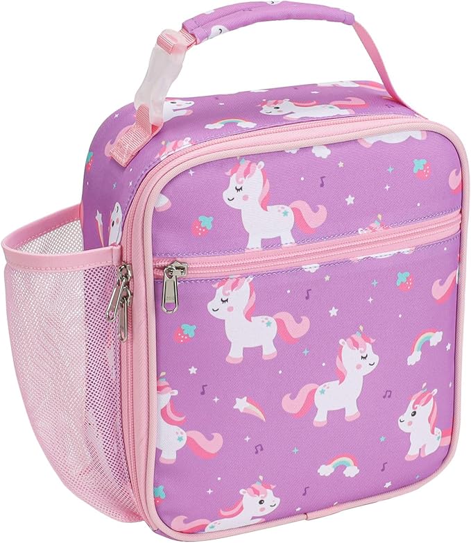 Bagseri Kids Lunch Box for Girls - Insulated Toddler Lunch Bag Fits Bento Box, Reusable Daycare Cooler Tote with Clip Handle, Water-Resistant Lining, Purple Cute Unicorn