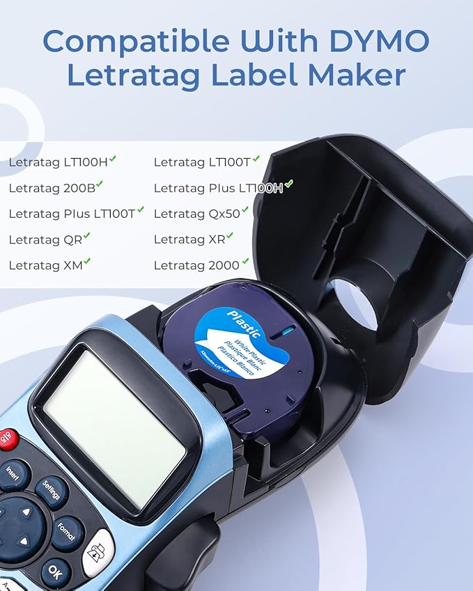 91331 Label Maker Tape Refill White Plastic Label Compatible with DYMO LetraTag Refills 12mm x 4m (1/2" x 13') for Labeler Letra Tag 200B LT 100H 100T Plus, 6 Pack Compatible with Dymo Label Tape