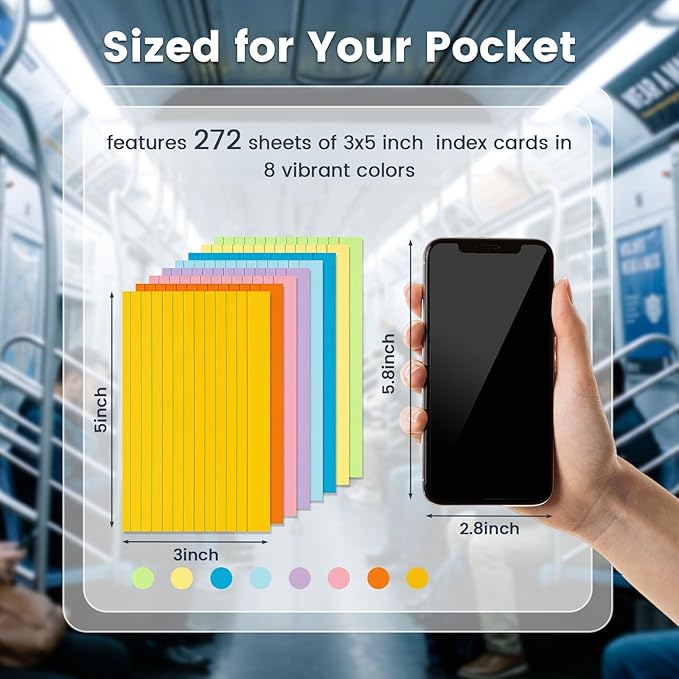 Koogel Index Cards 3x5, 272 Count, Colored Ruled Flash Cards for Studying, 34 Pack of 8, Heavy Weight Lined Notecard Portable Note Taking for Students Teachers School Office Home Supplies, 8 Colors
