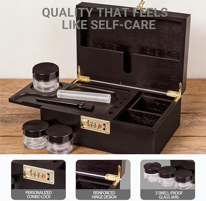 Bamboo Wood Desktop Organizer with 3 Glass Jars and Sliding Tray - Red Multi-Compartment Storage Case for Craft Supplies, Stationery, and Small Accessories (Black)