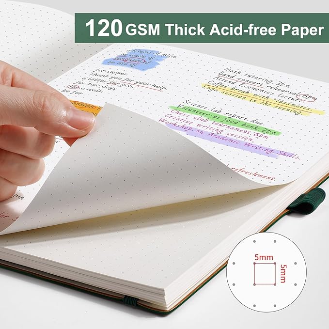 AHGXG Dotted Journal - Dot Grid Notebook Journal, 120 GSM Thick Acid-Free Paper, Large B5 Dotted Notebook 96 Pages, Leather Softcover, Inner Pocket, Journal Stencil, 7.6'' X 10'', Dark Green