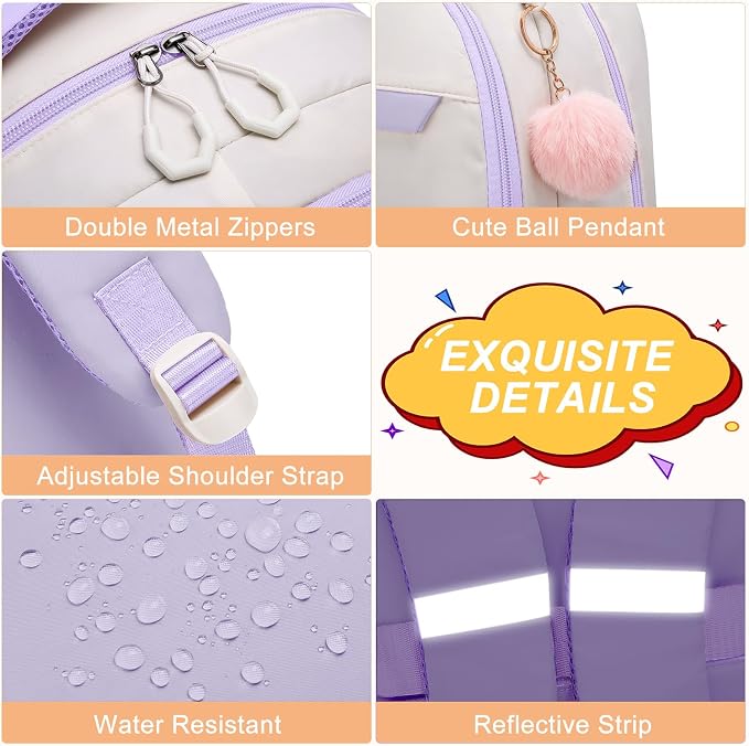 School Backpack for Teen Girls & Women, Lightweight Waterproof 15.6 Inch Laptop Backpack, High School College Travel Bookbag with Ergonomic Design, Light Purple