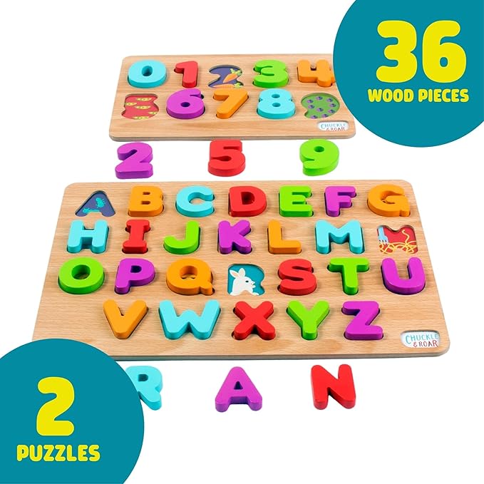 Chuckle & Roar Wooden ABC & 123 Puzzles - Pack of 2, Ages 3+ - Peek-A-Boo Hidden Art Alphabet Toys - Durable Wooden Letters for Fine Motor Skills - Self-Paced Toddler Puzzles for Early Learning